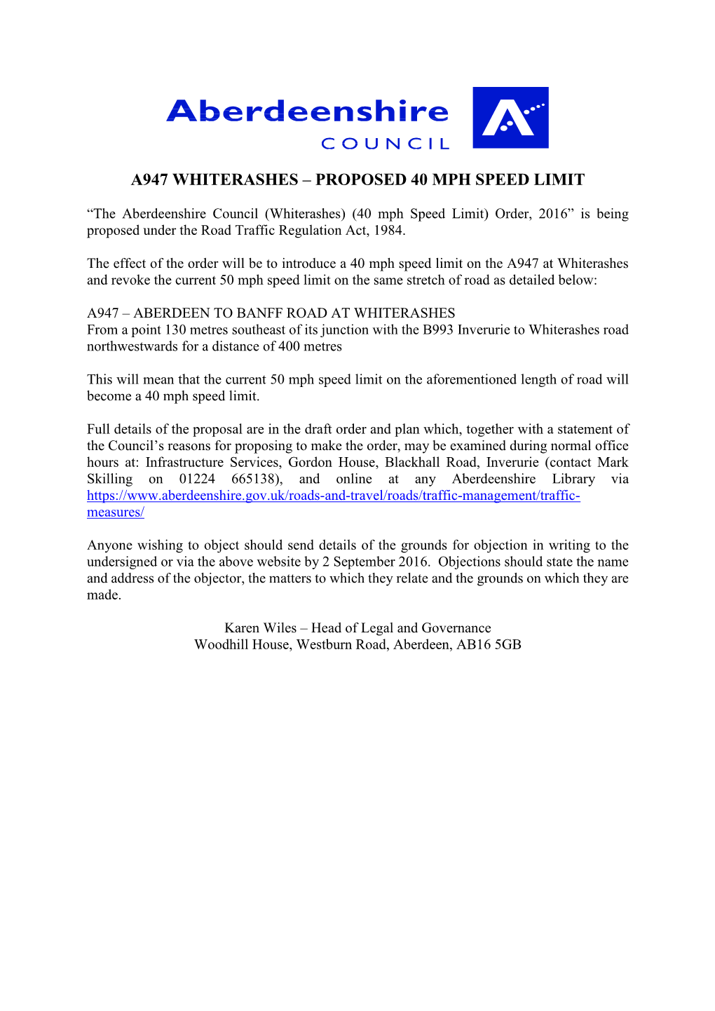 A947 Whiterashes – Proposed 40 Mph Speed Limit