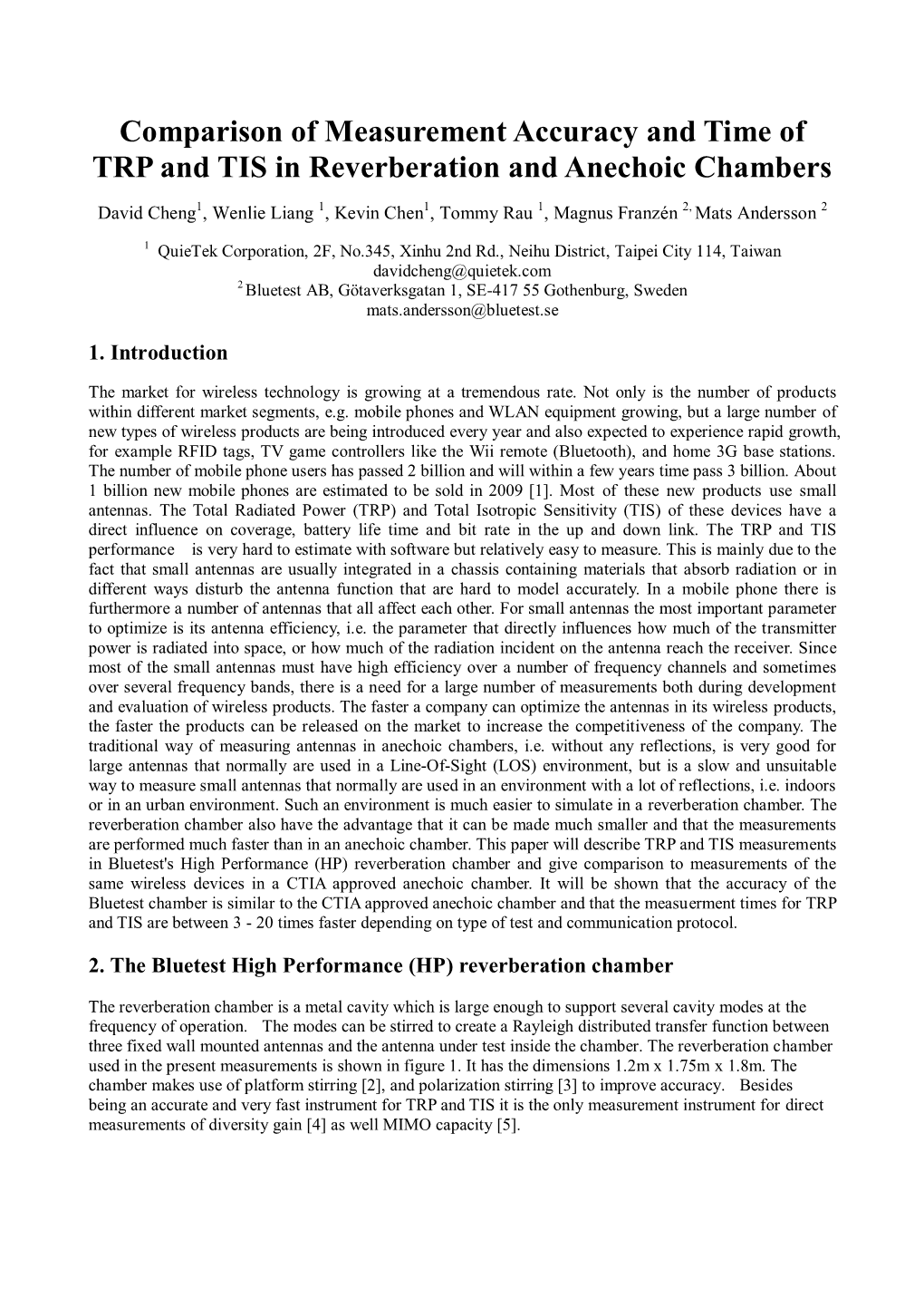 Comparison of Measurement Accuracy and Time of TRP and TIS in Reverberation and Anechoic Chambers