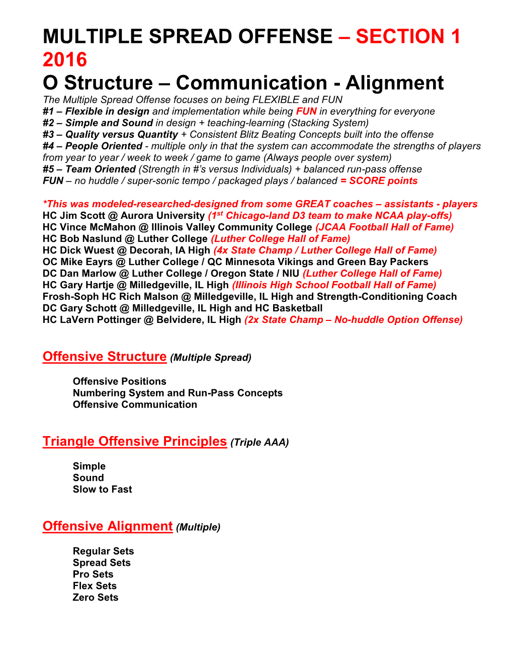 MULTIPLE SPREAD OFFENSE – SECTION 1 2016 O Structure