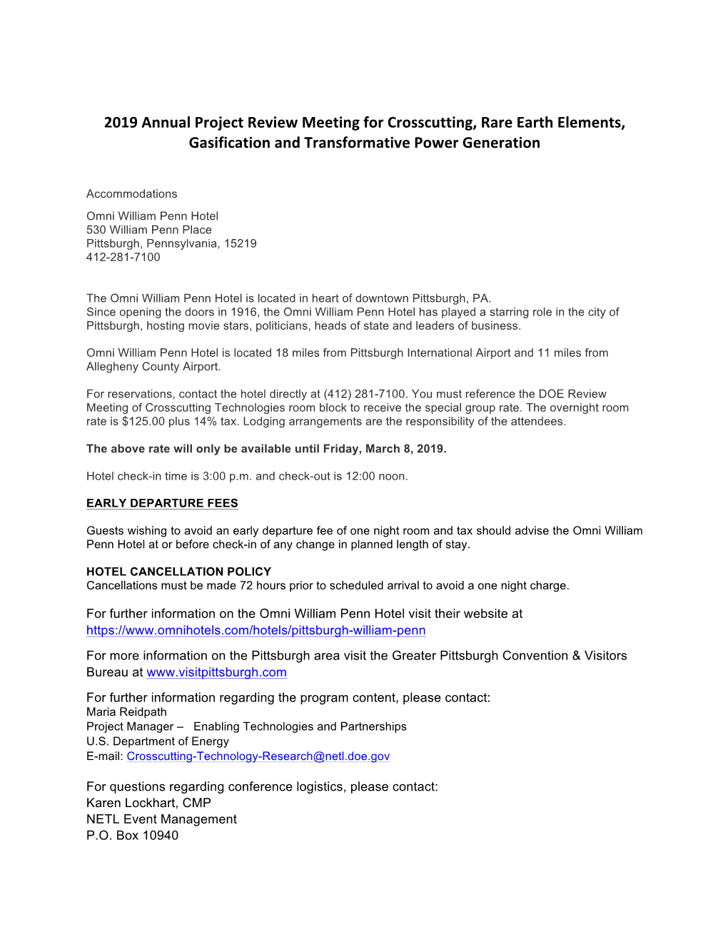 2019 Annual Project Review Meeting for Crosscutting, Rare Earth Elements, Gasification and Transformative Power Generation