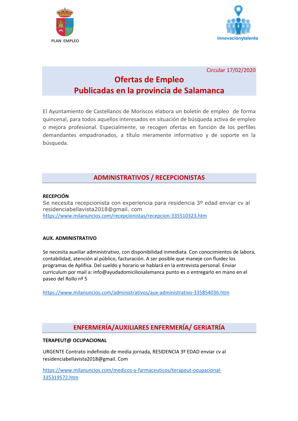 Ofertas De Empleo Publicadas En La Provincia De Salamanca