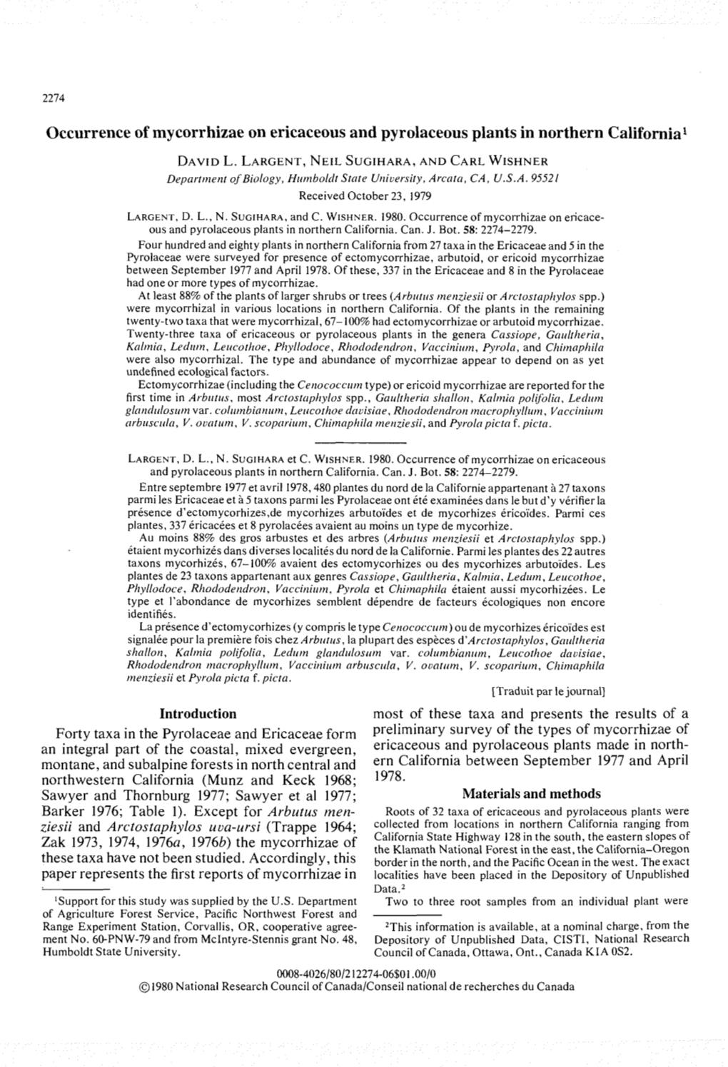 Occurrence of Mycorrhizae on Ericaceous and Pyrolaceous Plants in Northern California'