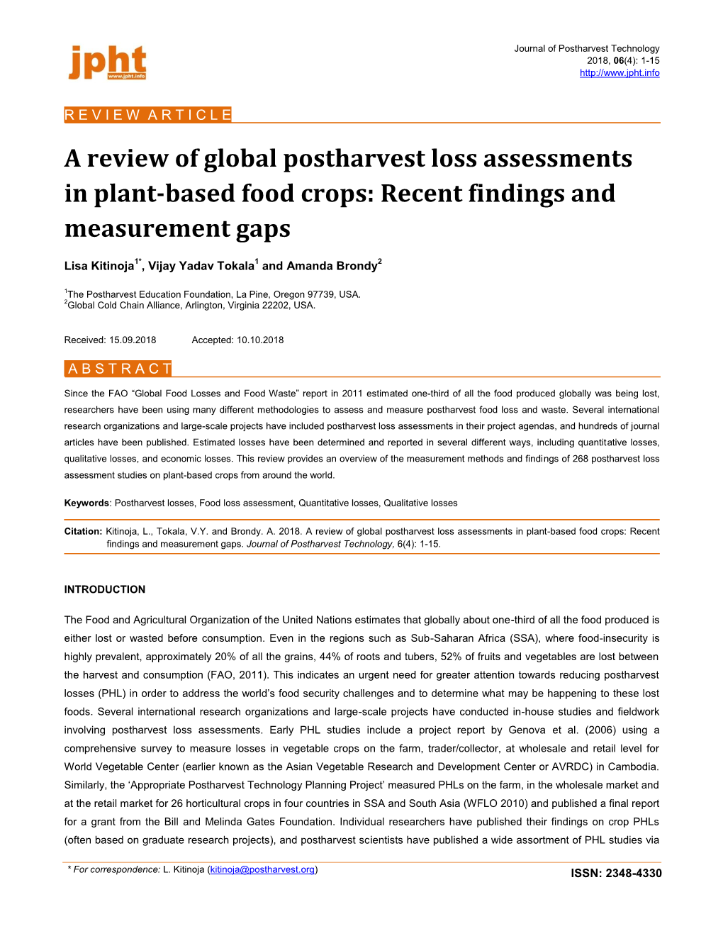 A Review of Global Postharvest Loss Assessments in Plant-Based Food Crops: Recent Findings and Measurement Gaps