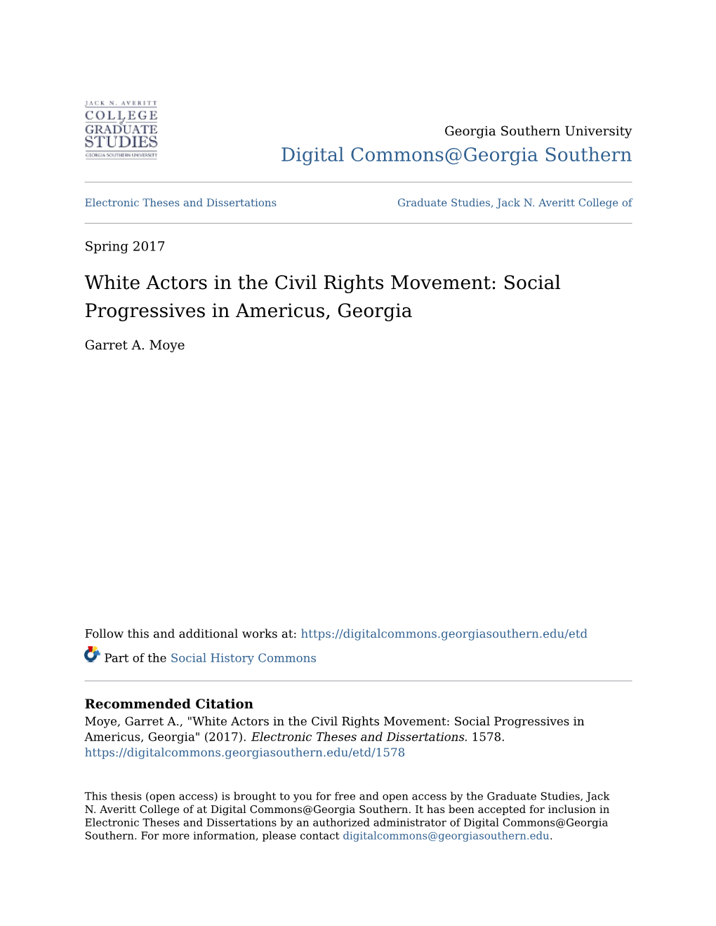 White Actors in the Civil Rights Movement: Social Progressives in Americus, Georgia