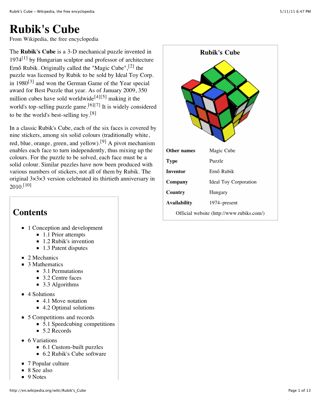 Rubik's Cube - Wikipedia, the Free Encyclopedia 5/11/11 6:47 PM Rubik's Cube from Wikipedia, the Free Encyclopedia