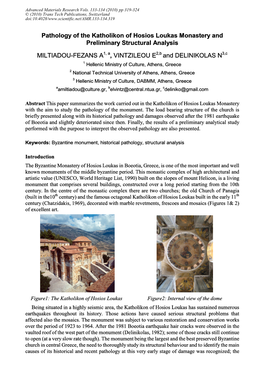 Pathology of the Katholikon of Hosios Loukas Monastery and Preliminary Structural Analysis MILTIADOU-FEZANS a , VINTZILEOU E An