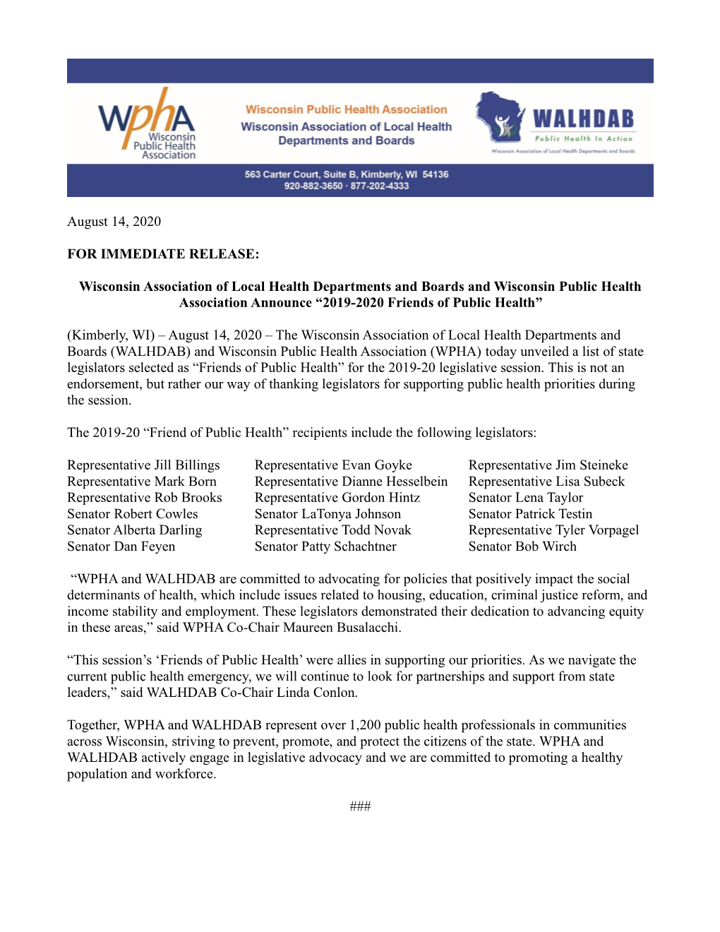 August 14, 2020 for IMMEDIATE RELEASE: Wisconsin Association of Local Health Departments and Boards and Wisconsin Public Health
