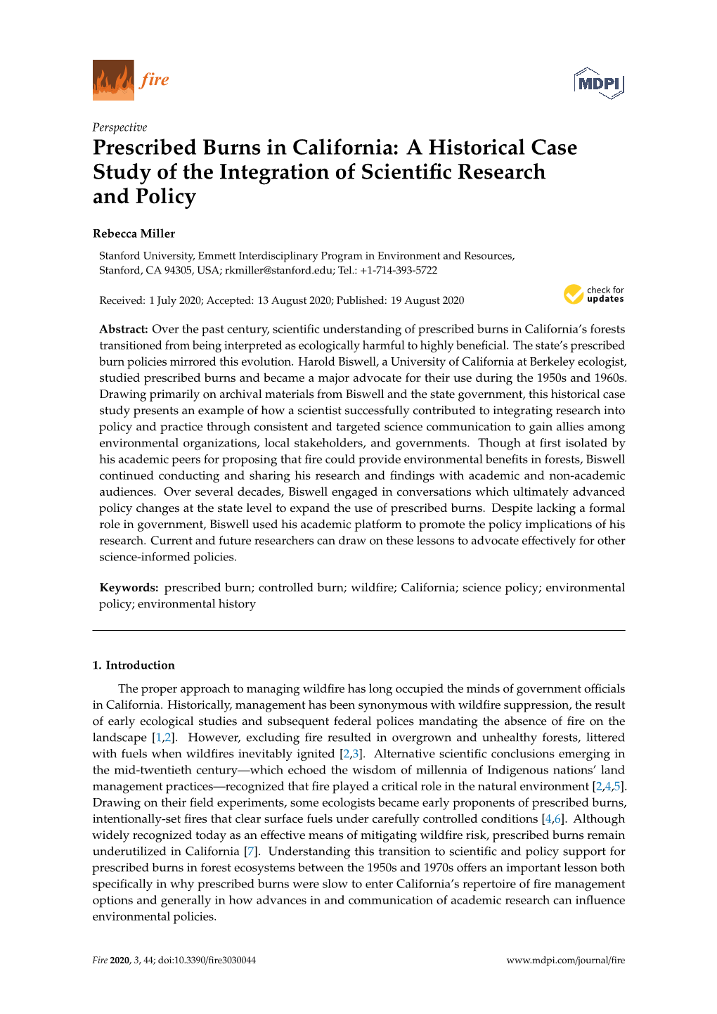 Prescribed Burns in California: a Historical Case Study of the Integration of Scientiﬁc Research and Policy