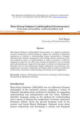 Hans-Georg Gadamer's Philosophical Hermeneutics