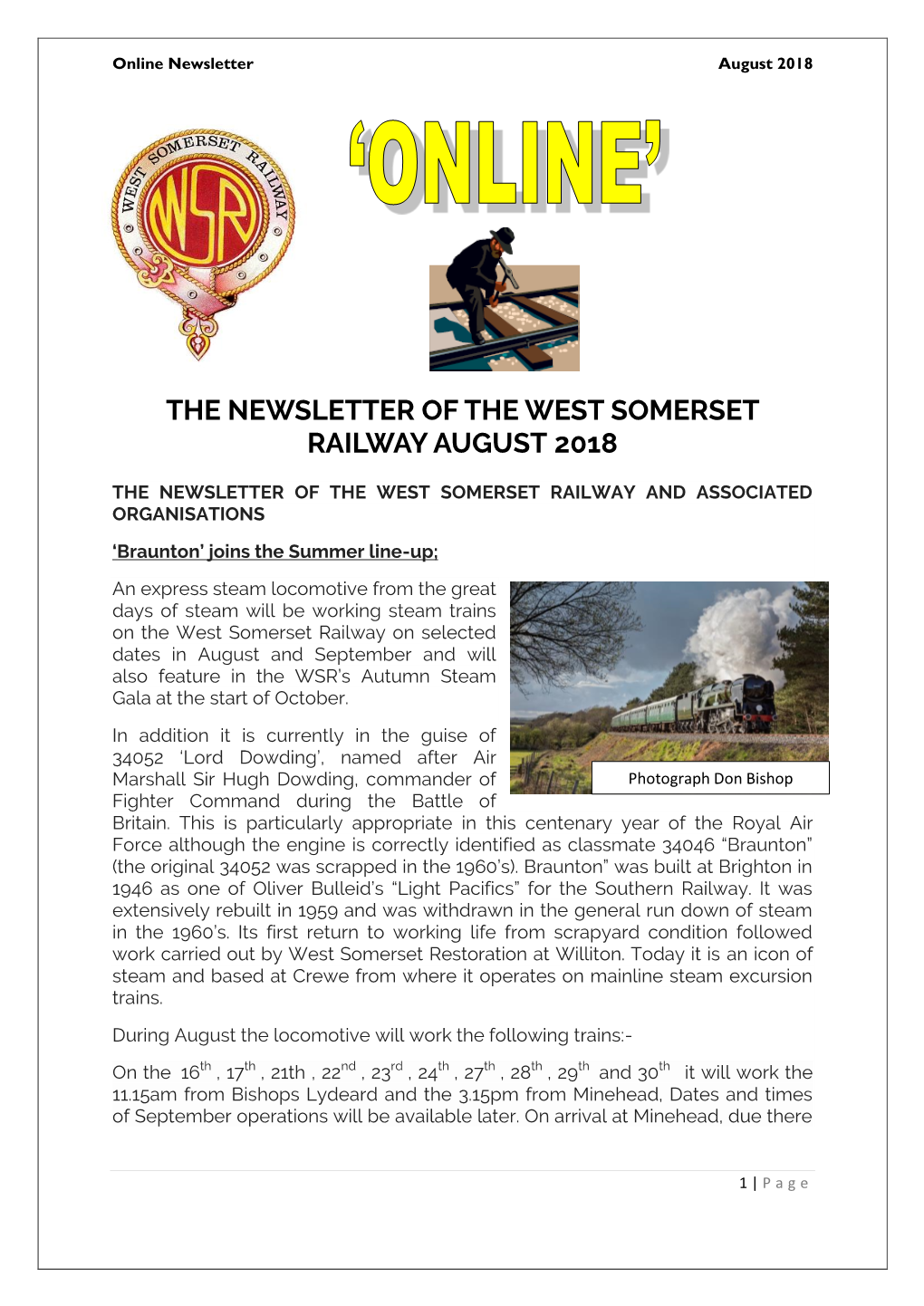 The Newsletter of the West Somerset Railway August 2018