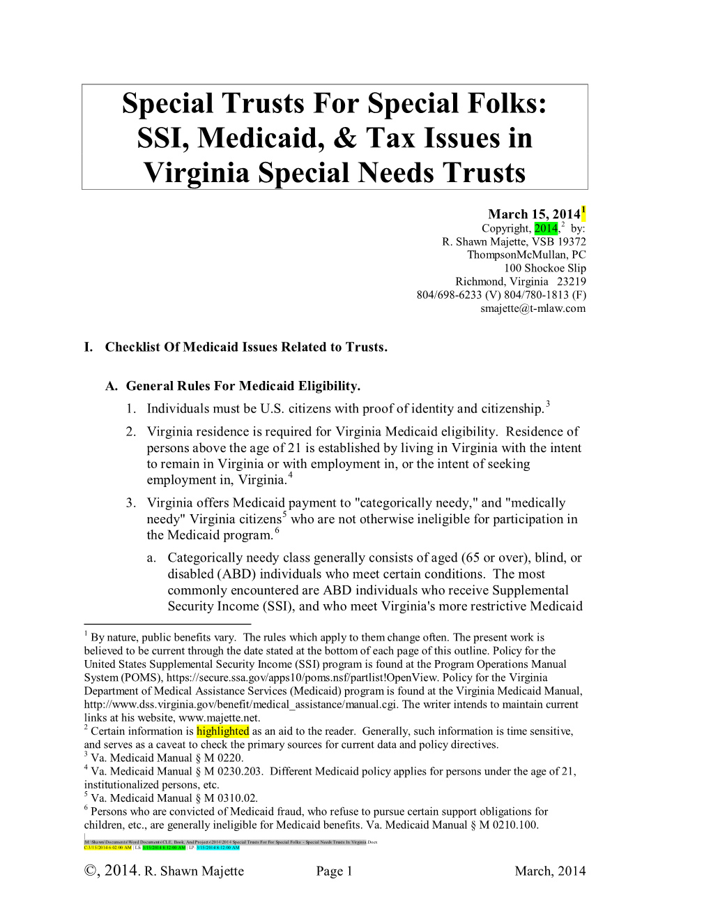 Special Needs Trusts in Virginia.Docx C:3/15/2014 6:02:00 AM | LS: 3/15/2014 8:12:00 AM | LP : 3/15/2014 8:12:00 AM