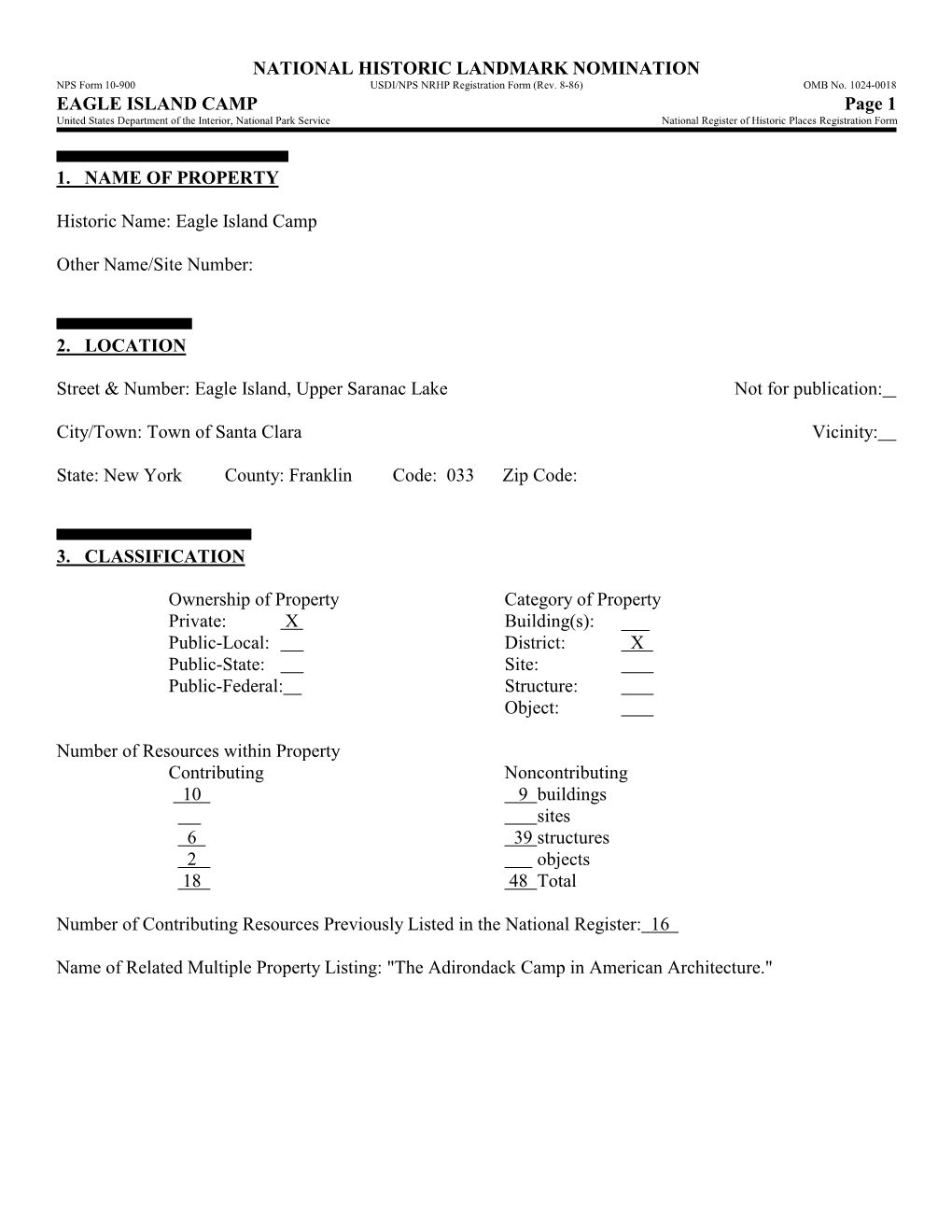 NATIONAL HISTORIC LANDMARK NOMINATION NPS Form 10-900 USDI/NPS NRHP Registration Form (Rev