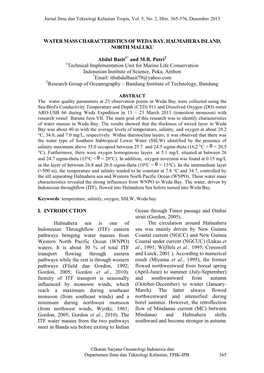 Water Mass Characteristics of Weda Bay, Halmahera Island, North Maluku