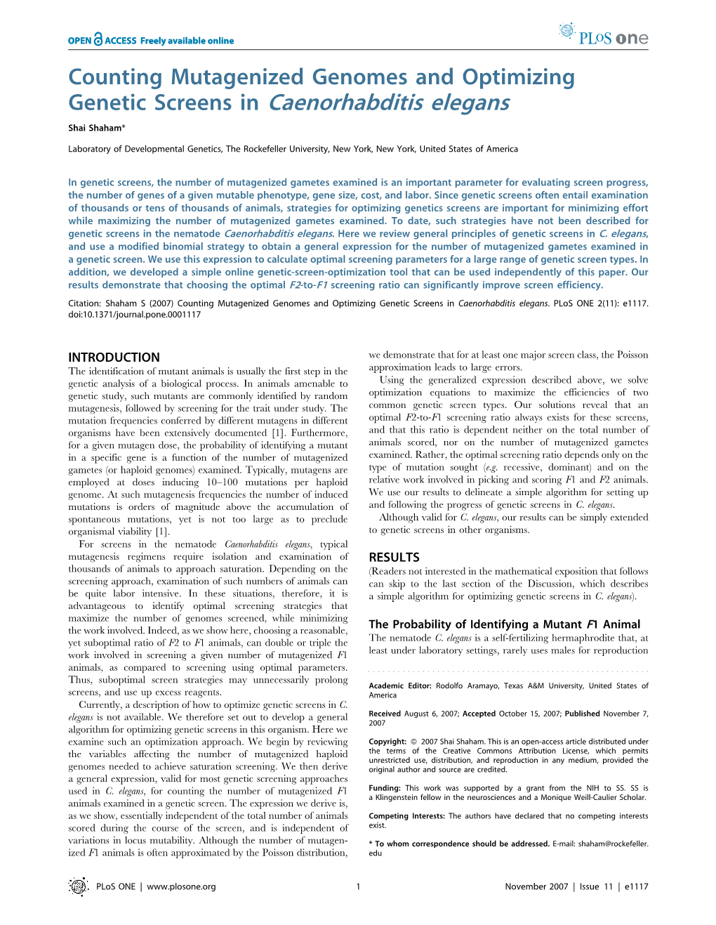 Counting Mutagenized Genomes and Optimizing Genetic Screens in Caenorhabditis Elegans Shai Shaham*