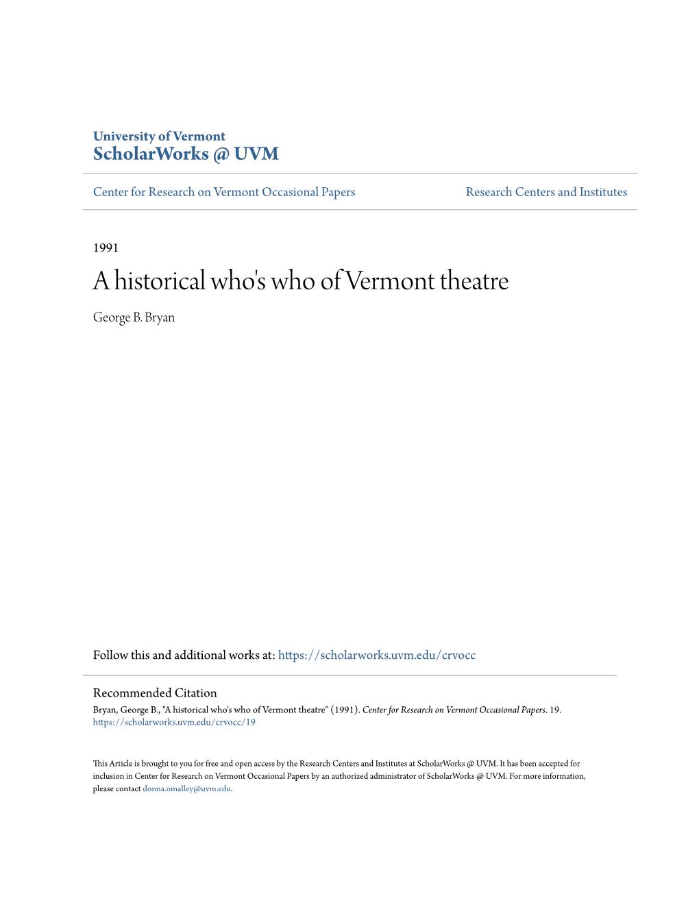 A Historical Who's Who of Vermont Theatre George B