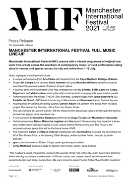 Manchester International Festival Full Music Line-Up