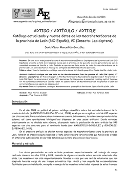 ARTIGO / ARTÍCULO / ARTICLE Catálogo Actualizado Y Nuevos Datos De Los Macroheteróceros De La Provincia De León (NO España), VI (Insecta: Lepidoptera)