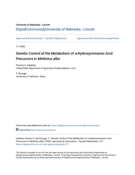 Genetic Control of the Metabolism of O-Hydroxycinnamic Acid Precursors in Melilotus Alba