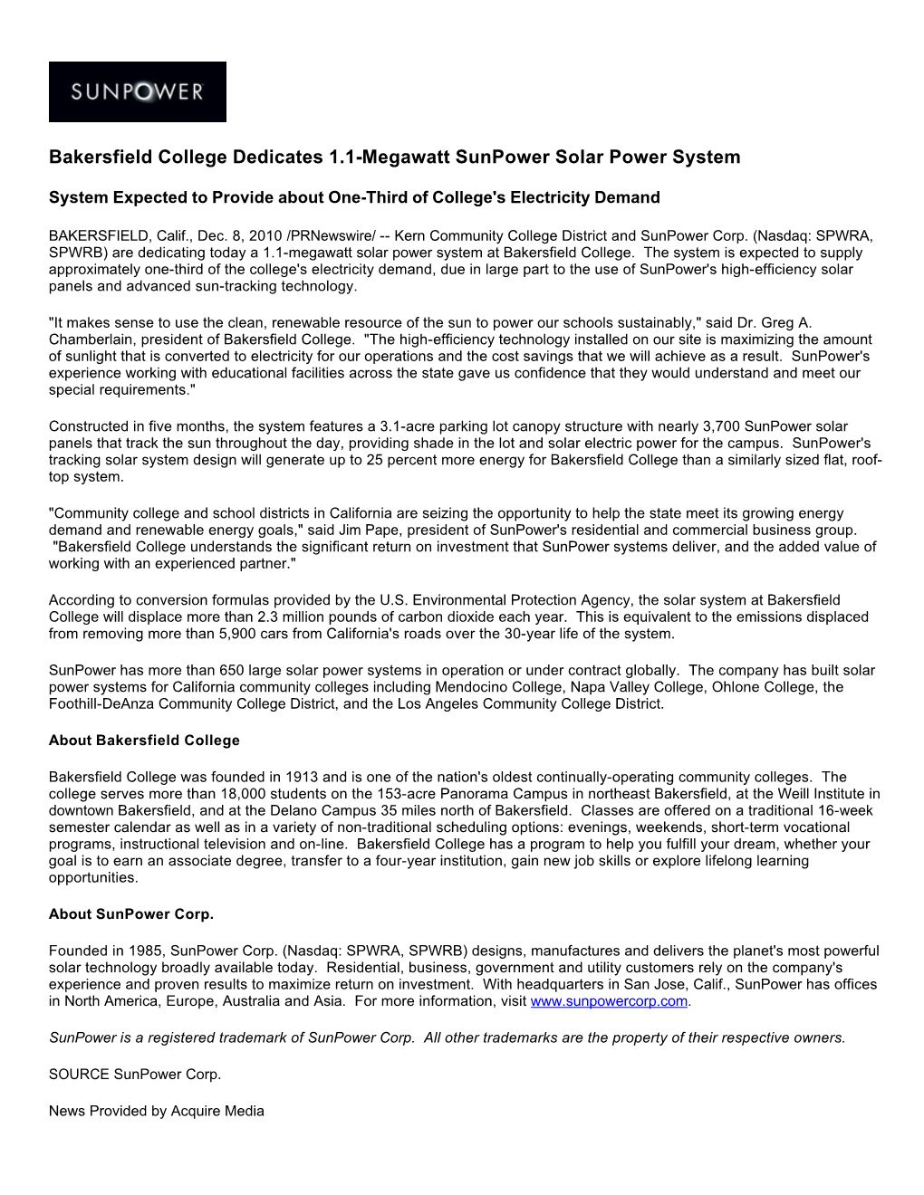 Bakersfield College Dedicates 1.1-Megawatt Sunpower Solar Power System