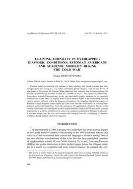 Claiming Ethnicity in Overlapping Diasporic Conditions: Estonian Americans and Academic Mobility During the Cold War1