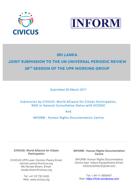 Sri Lanka Joint Submission to the UN Universal Periodic Review 28Th Session of the UPR Working Group