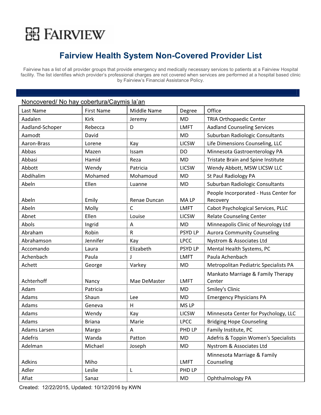 Fairview Health System Non-Covered Provider List