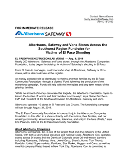 Albertsons, Safeway and Vons Stores Across the Southwest Region Fundraise for Victims of El Paso Shooting