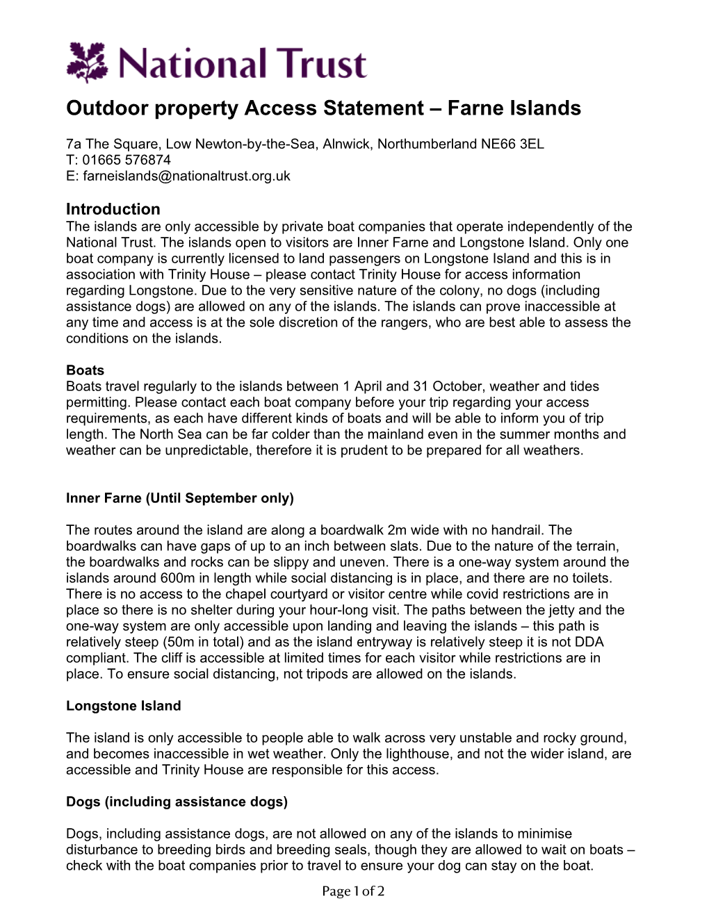 Outdoor Property Access Statement – Farne Islands