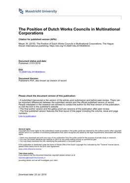 The Position of Dutch Works Councils in Multinational Corporations