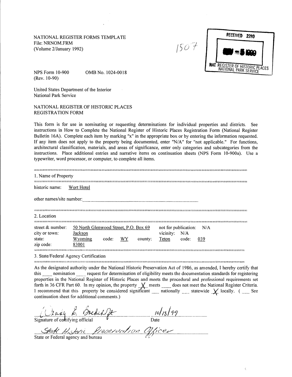 Wort Hotel National Register Form Size