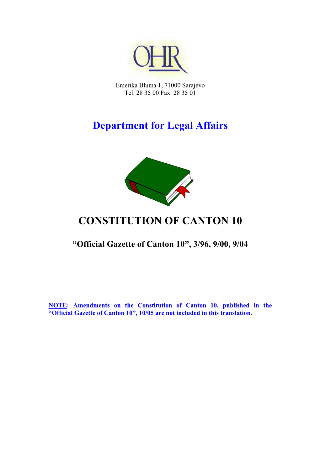 Department for Legal Affairs CONSTITUTION of CANTON 10