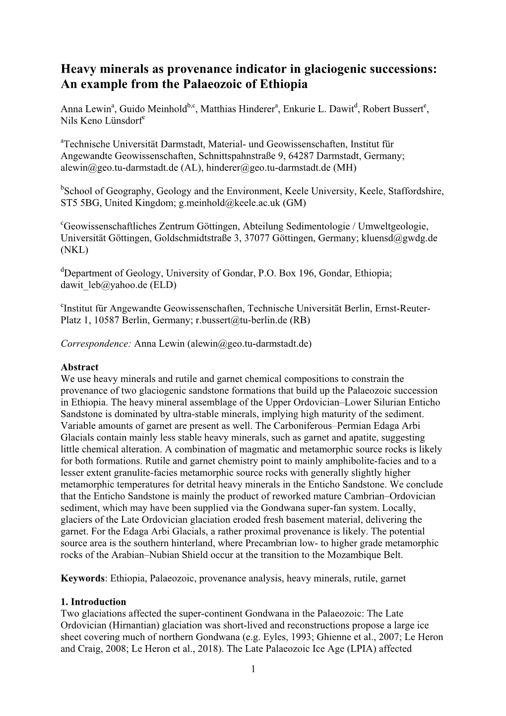 Heavy Minerals As Provenance Indicator in Glaciogenic Successions: an Example from the Palaeozoic of Ethiopia