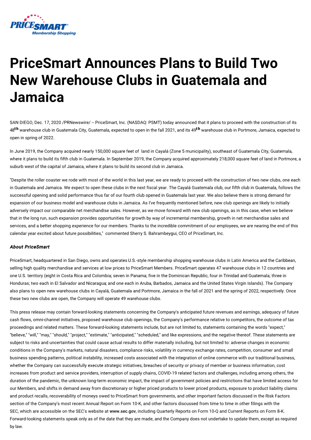 Pricesmart Announces Plans to Build Two New Warehouse Clubs in Guatemala and Jamaica