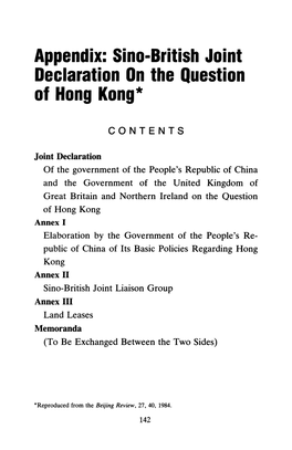 Sino-British Joint Declaration on the Question of Hong Kong*