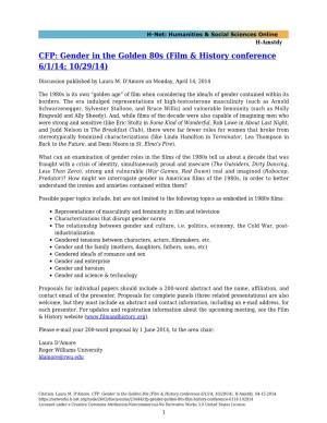 CFP: Gender in the Golden 80S (Film & History Conference 6