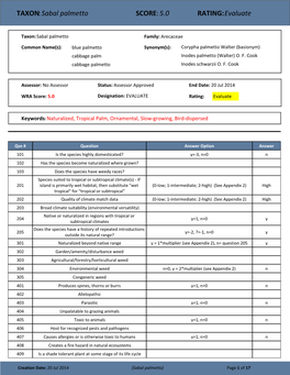 TAXON:Sabal Palmetto SCORE:5.0 RATING:Evaluate