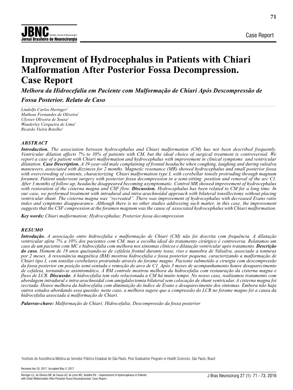 Improvement of Hydrocephalus in Patients with Chiari Malformation After Posterior Fossa Decompression