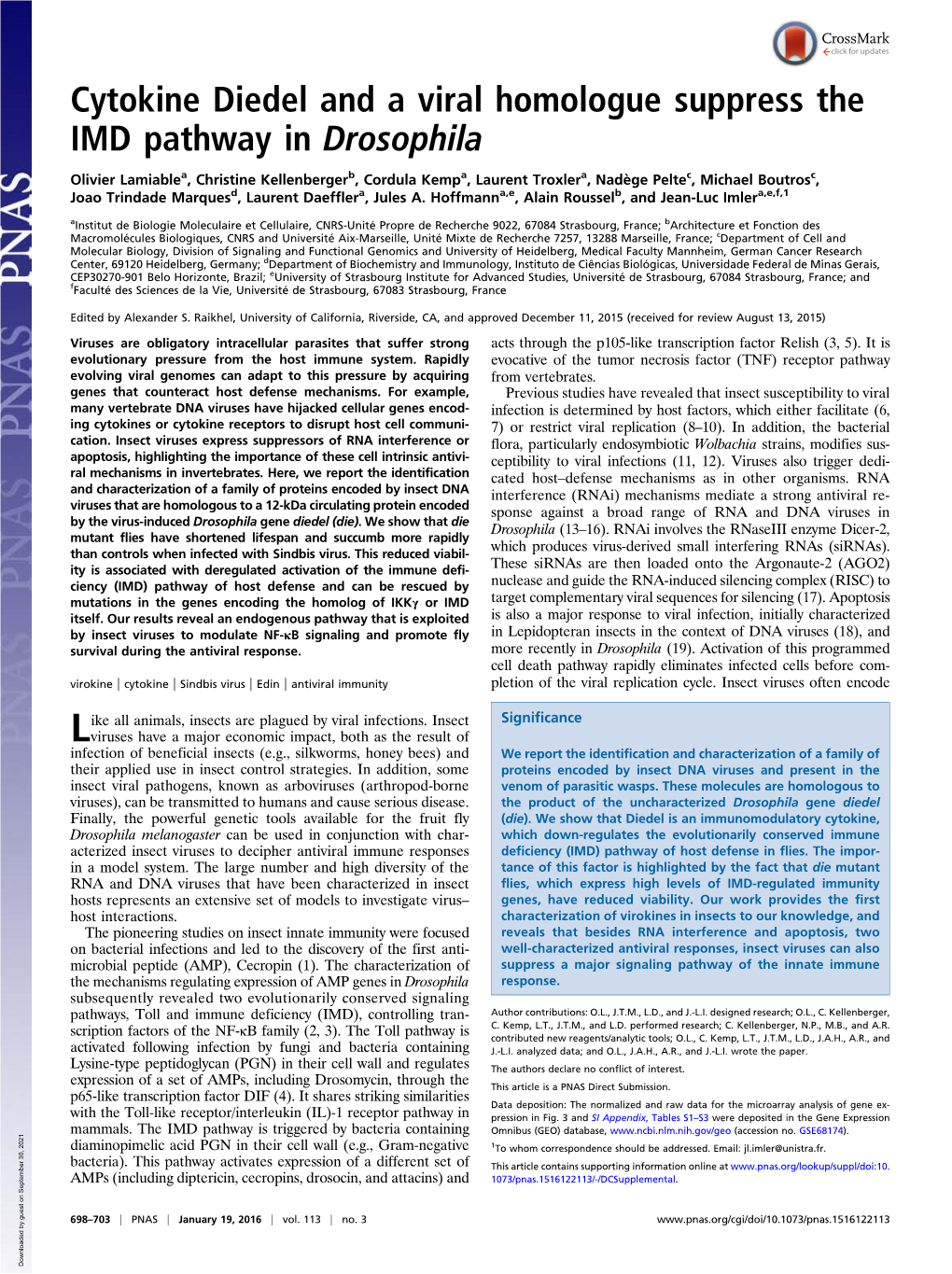 Cytokine Diedel and a Viral Homologue Suppress the IMD Pathway in Drosophila