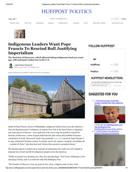 2015-09-25 Huffington Post, Indigenous Leaders Want Pope