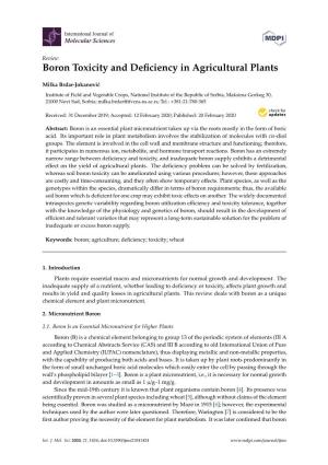Boron Toxicity and Deficiency in Agricultural Plants