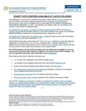 LACCD Vote Center Information for September 14 Recall Election