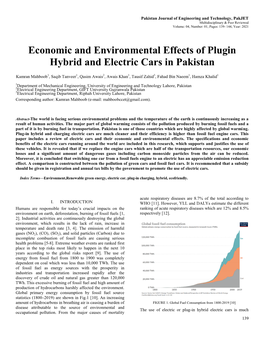 Economic and Environmental Effects of Plugin Hybrid and Electric Cars in Pakistan