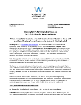 Washington Performing Arts Announces 2019 Pola Nirenska Award Recipients