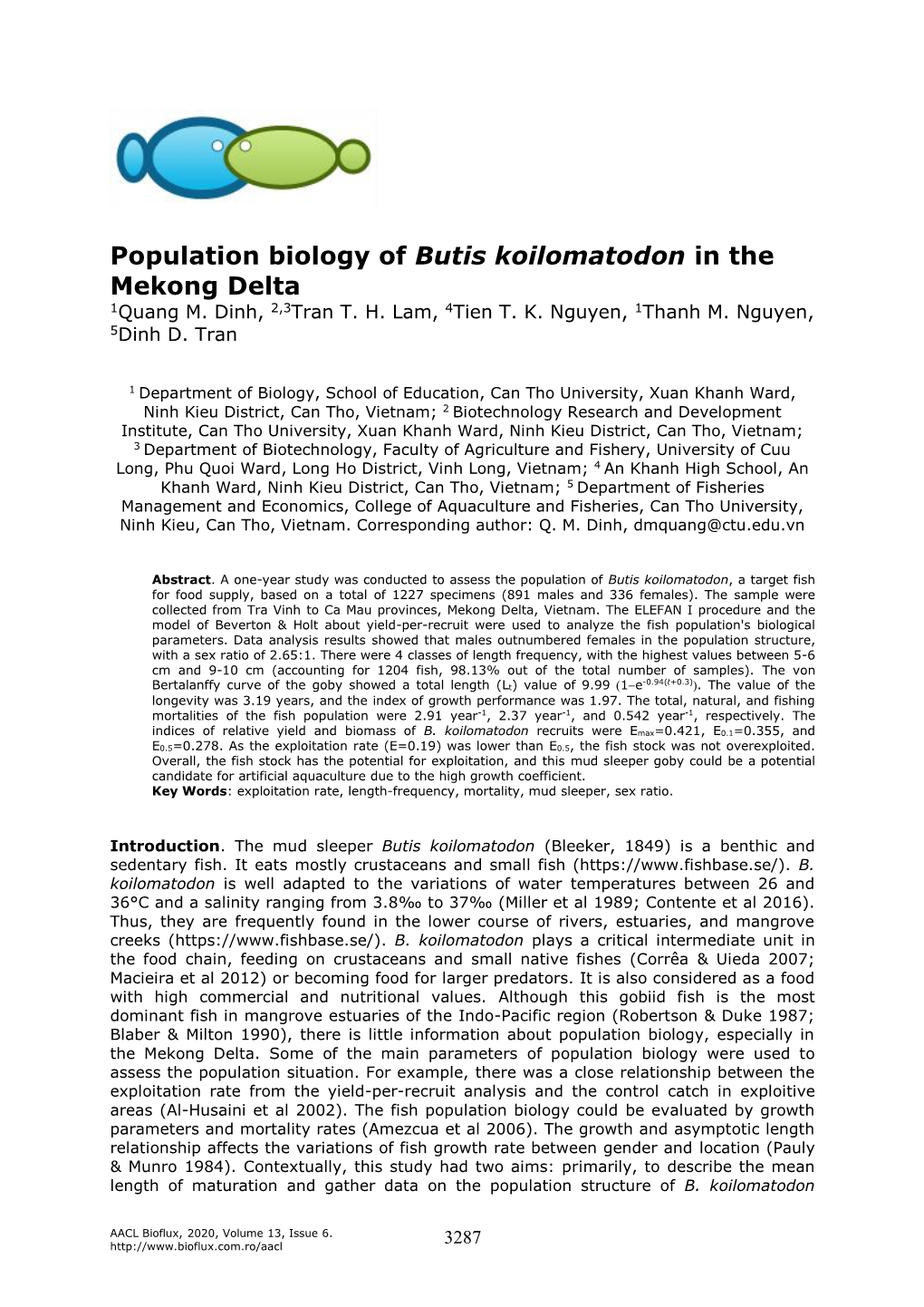 Population Biology of Butis Koilomatodon in the Mekong Delta 1Quang M
