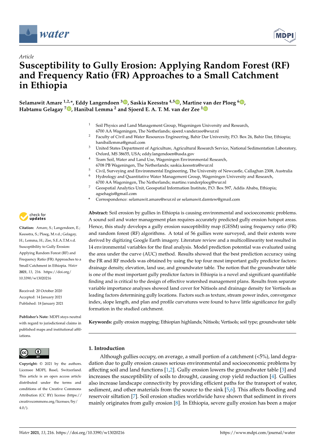 Susceptibility to Gully Erosion: Applying Random Forest (RF) and Frequency Ratio (FR) Approaches to a Small Catchment in Ethiopia