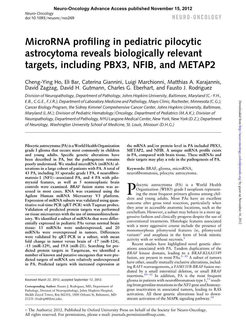 Microrna Profiling in Pediatric Pilocytic Astrocytoma Reveals