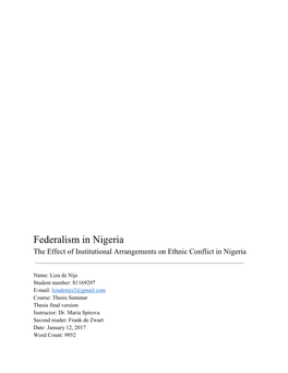 Federalism in Nigeria the Effect of Institutional Arrangements on Ethnic Conflict in Nigeria ______