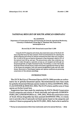 Thered Between December 1987 and April 2006, with Extensive and Intensive Search- Es for All Odonata Species Being Undertaken Intermittently Throughout That Period