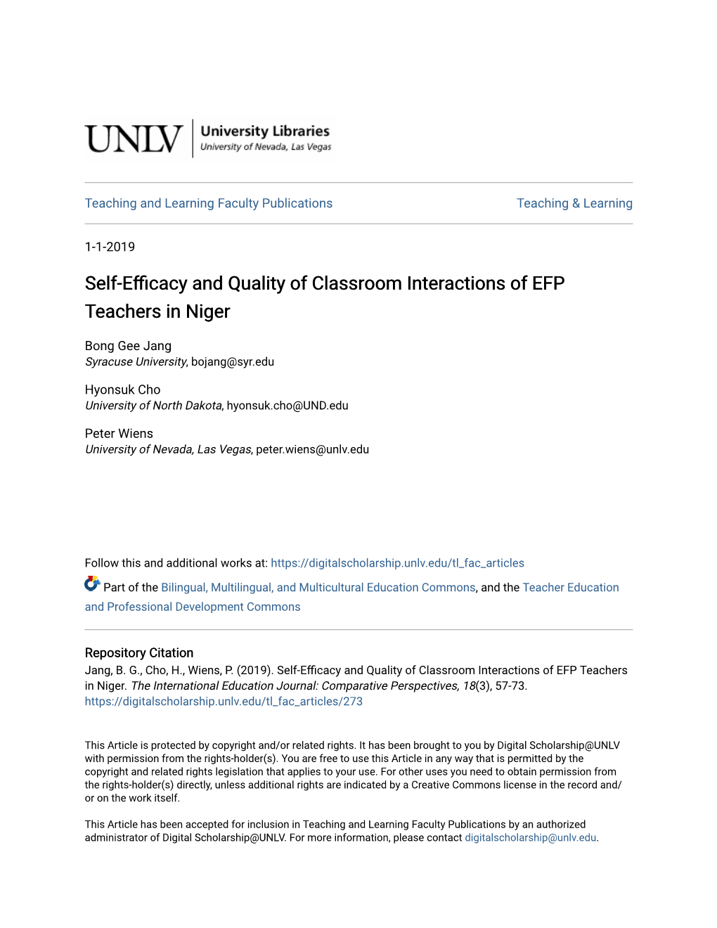 Self-Efficacy and Quality of Classroom Interactions of EFP Teachers in Niger