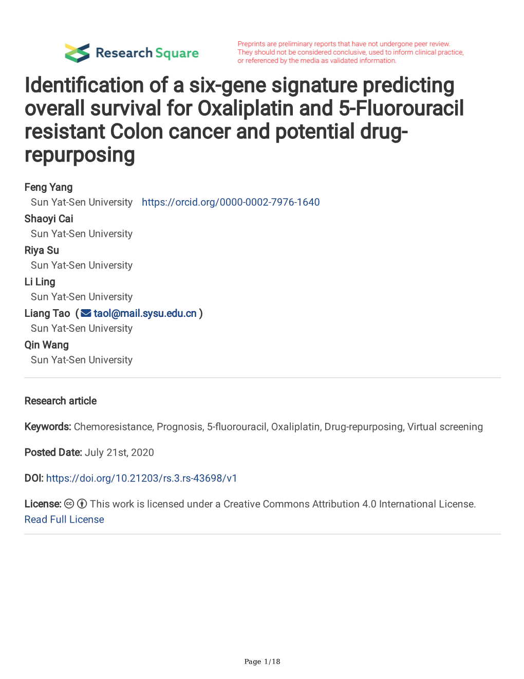 Identi Cation of a Six-Gene Signature Predicting Overall Survival for Oxaliplatin and 5-Fluorouracil Resistant Colon Cancer